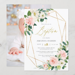 Blush Floral & Gold Frame Photo Baptism Invitation