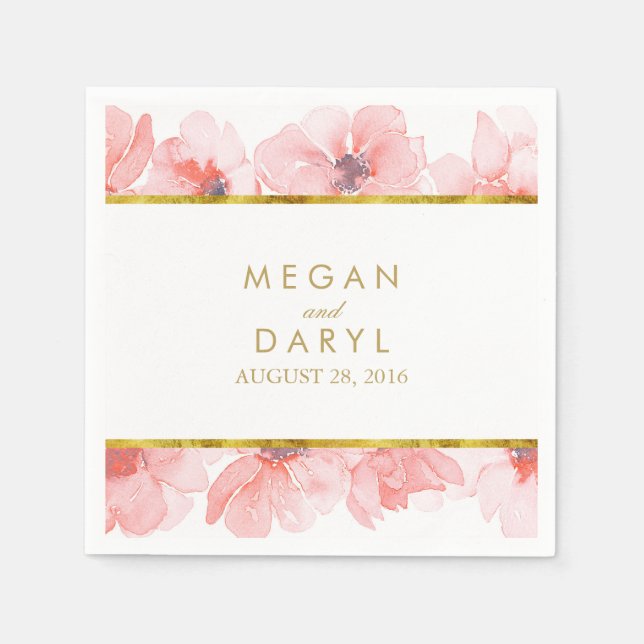Blush Floral Gold Frame Wedding Napkin (Front)