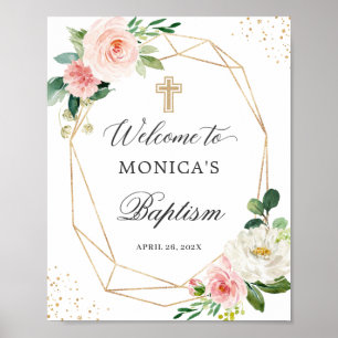 Blush Floral Gold Geometric Baptism Welcome Sign