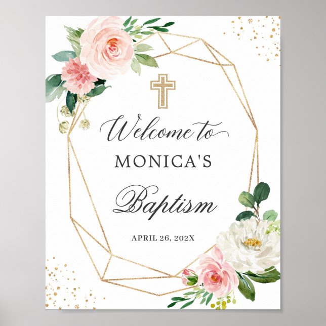 Blush Floral Gold Geometric Baptism Welcome Sign (Front)