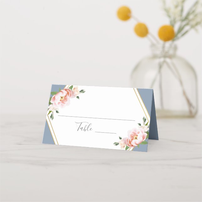 Blush Floral Gold Geometric Dusty Blue Wedding Place Card (Front)