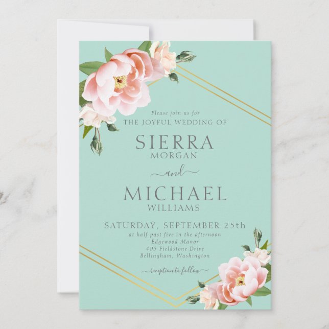 Blush Floral Gold Geometric Mint Green Wedding Invitation (Front)