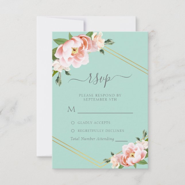 Blush Floral Gold Geometric Mint Green Wedding RSVP Card (Front)