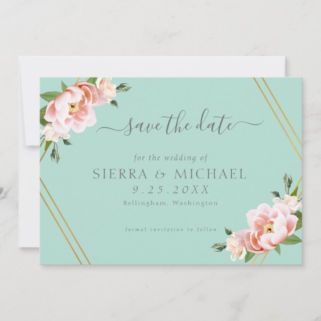 Blush Floral Gold Geometric Mint Green Wedding Save The Date (Front)