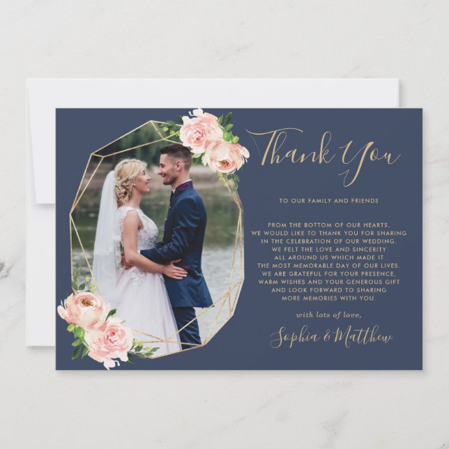 Blush Floral Gold Geometric Navy Photo Wedding Thank You Card (Front)