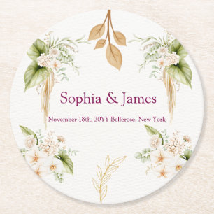 Blush Floral Gold Geometric wedding Round Paper Coaster