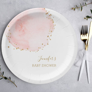 Blush Floral Gold Glitter Dots Baby Shower Paper Plate