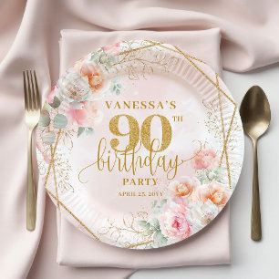 Blush Floral Gold Glitter Elegant 90th Birthday Paper Plate