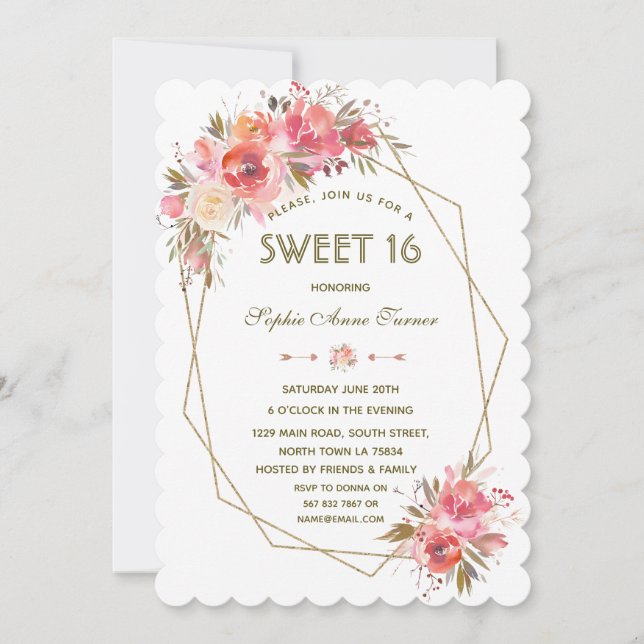 Blush Floral Gold Glitter Fram Sweet Sixteen Invitation (Front)