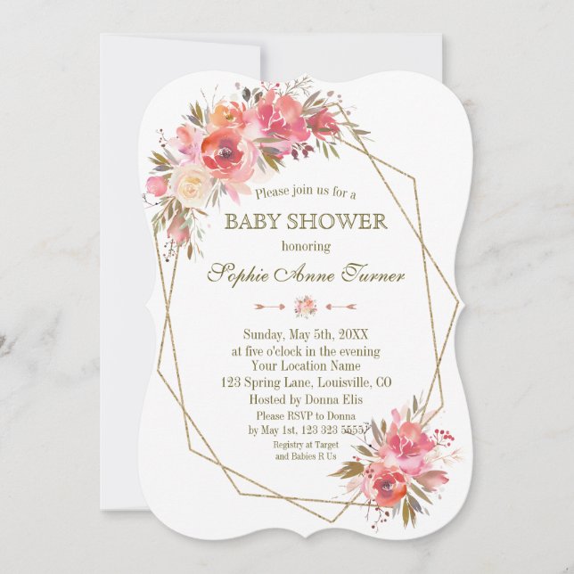 Blush Floral Gold Glitter Frame Baby Shower Invitation (Front)