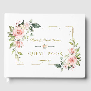 Blush Floral Gold Glitter Frame Navy Wedding Guest Book