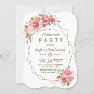 Blush Floral Gold Glitter Frame Retirement Party Invitation