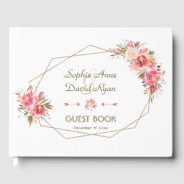 Blush Floral Gold Glitter Frame Wedding Guest Book (Front)