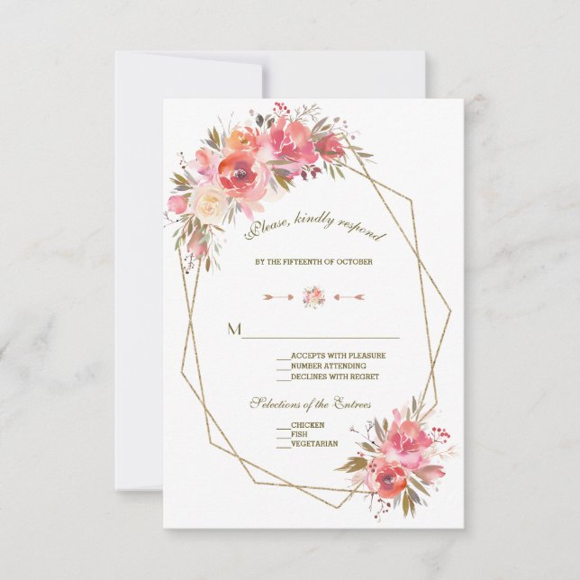 Blush Floral Gold Glitter Frame Wedding RSVP Card (Front)
