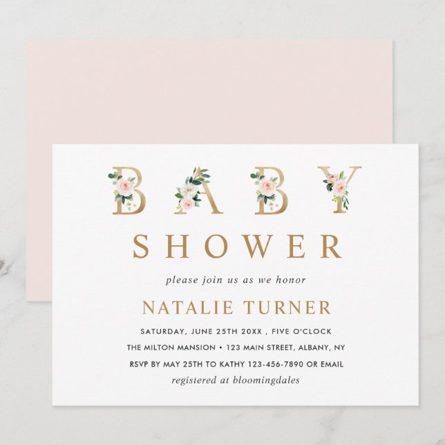 Blush Floral Gold Letters Baby Shower Invitation (Front/Back)