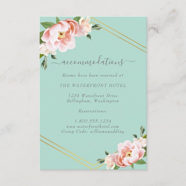 Blush Floral Gold Mint Green Wedding Accommodation Enclosure Card (Front)
