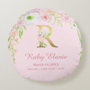 Blush Floral Gold Monogram "R" Baby Girl Stats Round Cushion