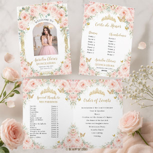 Blush Floral Gold Quinceanera 15 Photo Padrinos Programme