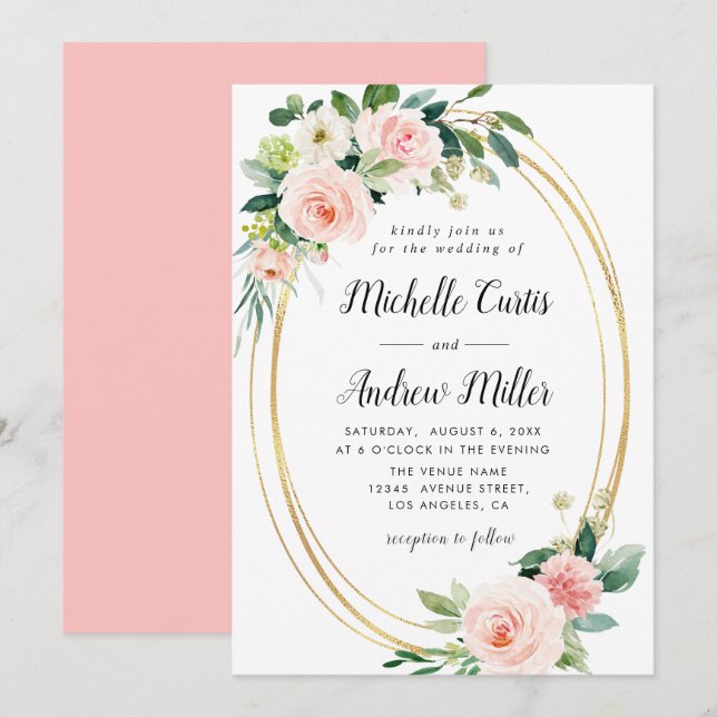 blush floral gold ring wedding invitation (Front/Back)