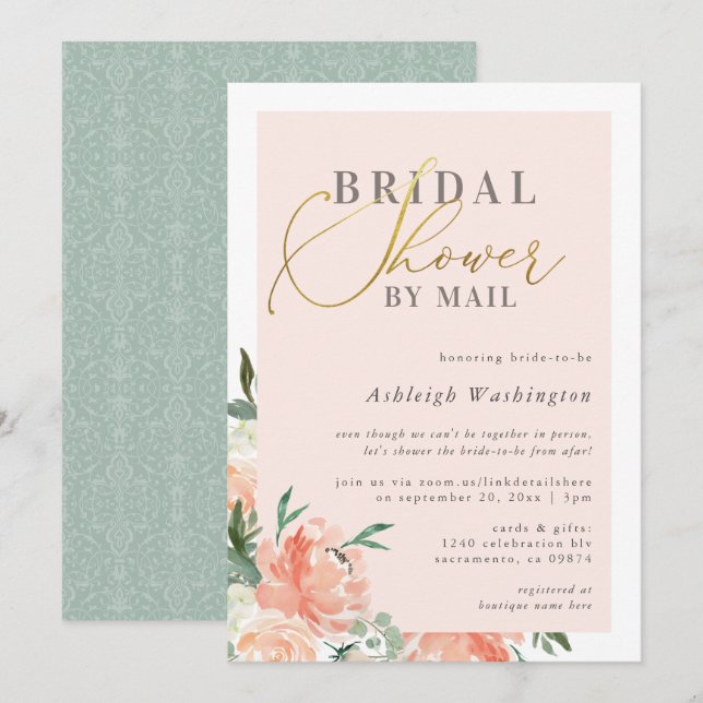 Blush Floral Gold Script Bridal Shower By Mail Invitation (Front/Back)