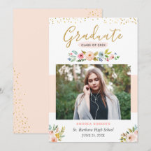 Blush Floral Gold Script Photo Graduation Announce