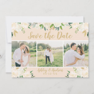 Blush Floral Gold Script Three Photo Wedding Save The Date
