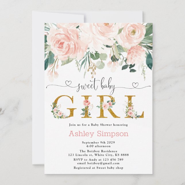 Blush Floral Gold Sweet Girl Baby Shower Invitation (Front)
