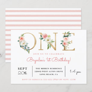 Blush Floral Golden ONE   1st Birthday Invitation