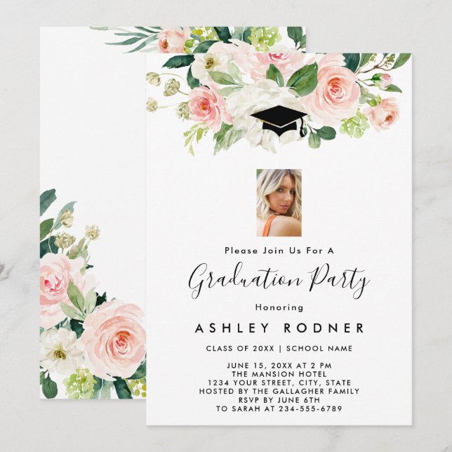 Blush Floral Graduation Invitations (Front/Back)