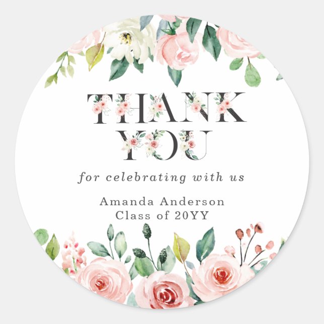 Blush Floral Graduation Thank You Sticker (Front)