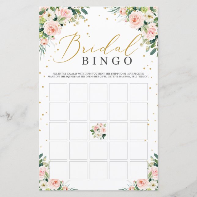 Blush floral green bridal shower bingo game card (Front)