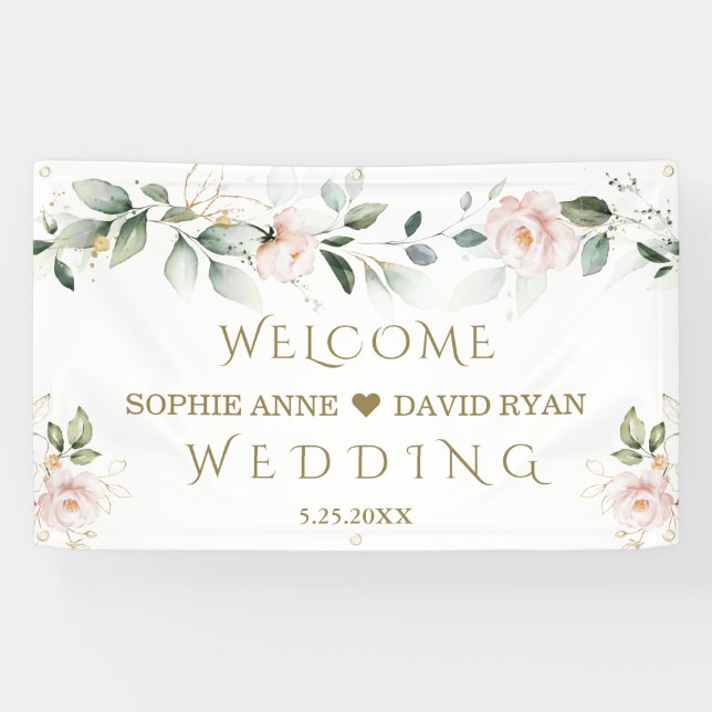 Blush Floral Green Gold Leafy Wedding Welcome Sign (Horizontal)