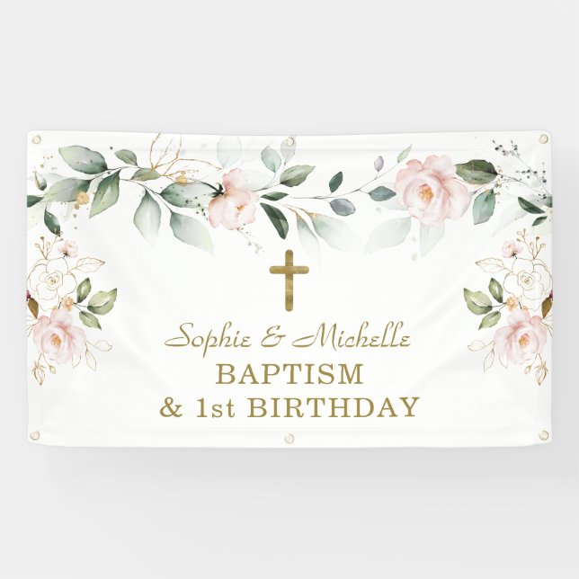 Blush Floral Green Gold Leave Baptism Welcome Sign (Horizontal)