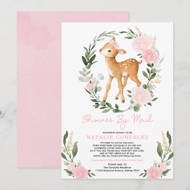 Blush Floral Greenery Baby Deer Shower By Mail Invitation (Front/Back)