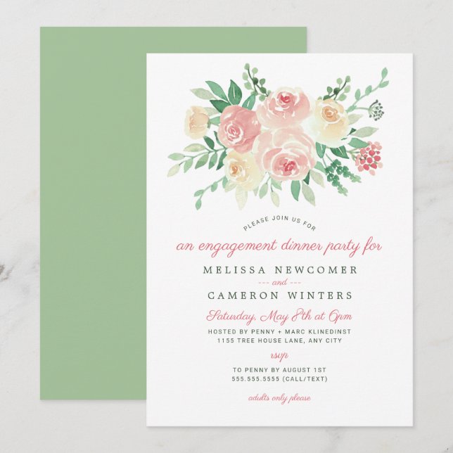Blush Floral Greenery engagement dinner party 4196 Invitation (Front/Back)