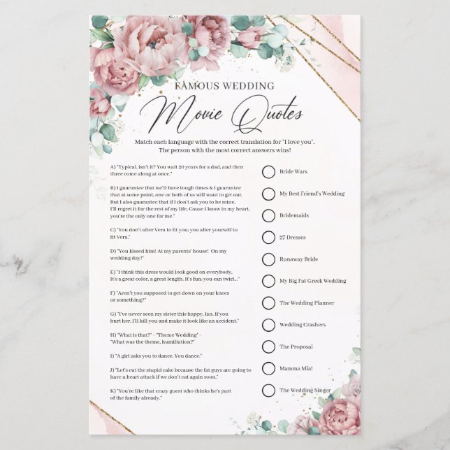 Blush floral greenery Famous Wedding Movie Quotes (Front)
