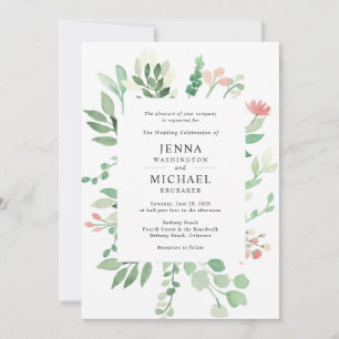Blush floral greenery frame wedding invitation