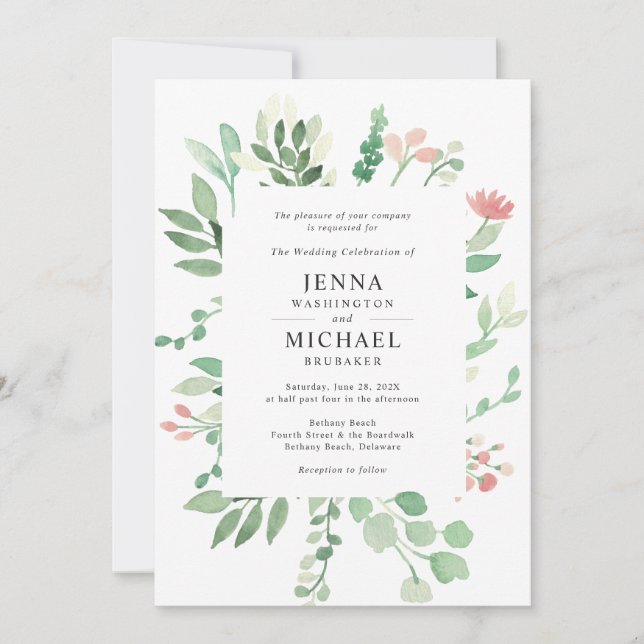 Blush floral greenery frame wedding invitation (Front)