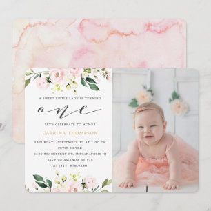 Blush Floral Greenery Girl 1st Birthday Photo Invitation