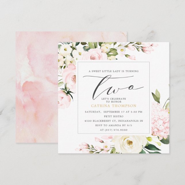 Blush Floral Greenery Girl 2nd  Birthday Party Invitation (Front/Back)