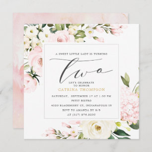 Blush Floral Greenery Girl 2nd  Birthday Party Invitation