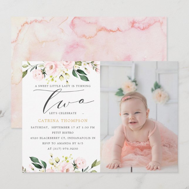 Blush Floral Greenery Girl 2nd Birthday Photo Invitation (Front/Back)