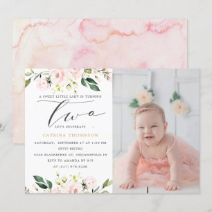 Blush Floral Greenery Girl 2nd Birthday Photo Invitation