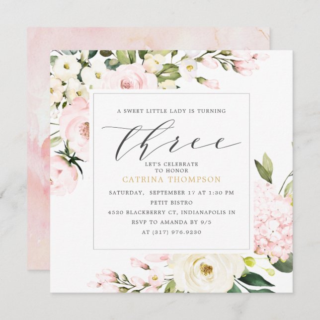 Blush Floral Greenery Girl 3rd  Birthday Party Invitation (Front/Back)
