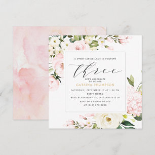 Blush Floral Greenery Girl 3rd  Birthday Party Invitation