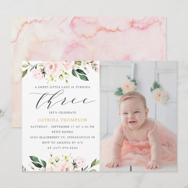 Blush Floral Greenery Girl 3rd Birthday Photo Invitation (Front/Back)