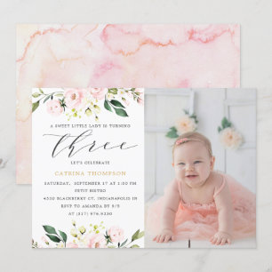 Blush Floral Greenery Girl 3rd Birthday Photo Invitation