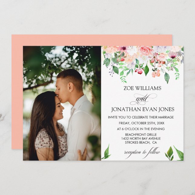 Blush Floral Greenery Personalised Photo Wedding Invitation (Front/Back)