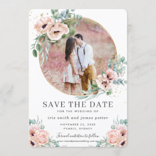 Blush Floral Greenery Photo Save the Date Card