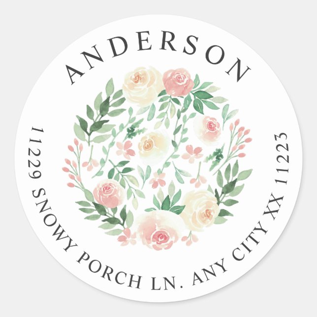 Blush Floral Greenery return address Classic Round Sticker (Front)